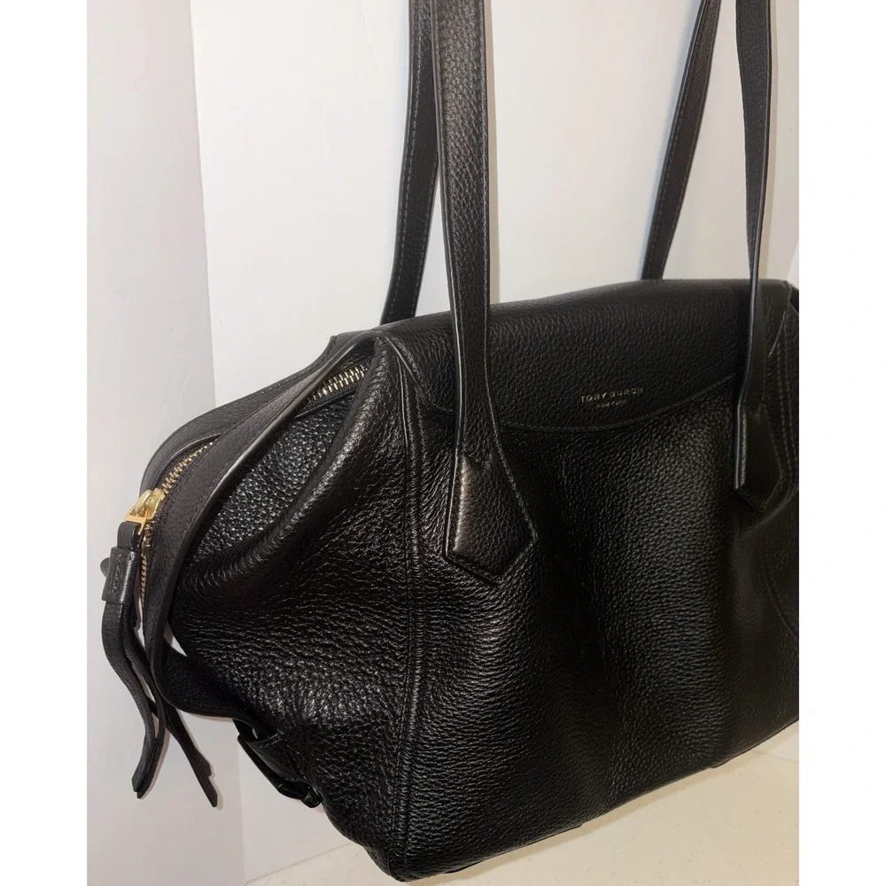 Tory Burch Black Pebbled Leather Large Zip Tote Shoulder Bag Gold Hardware